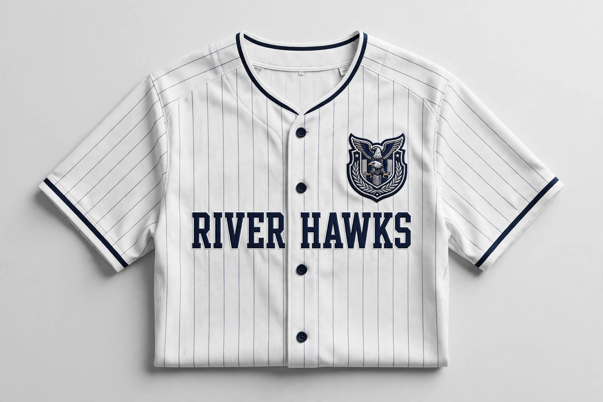 Embroidered River Hawks baseball jersey — stitched eagle crest logo