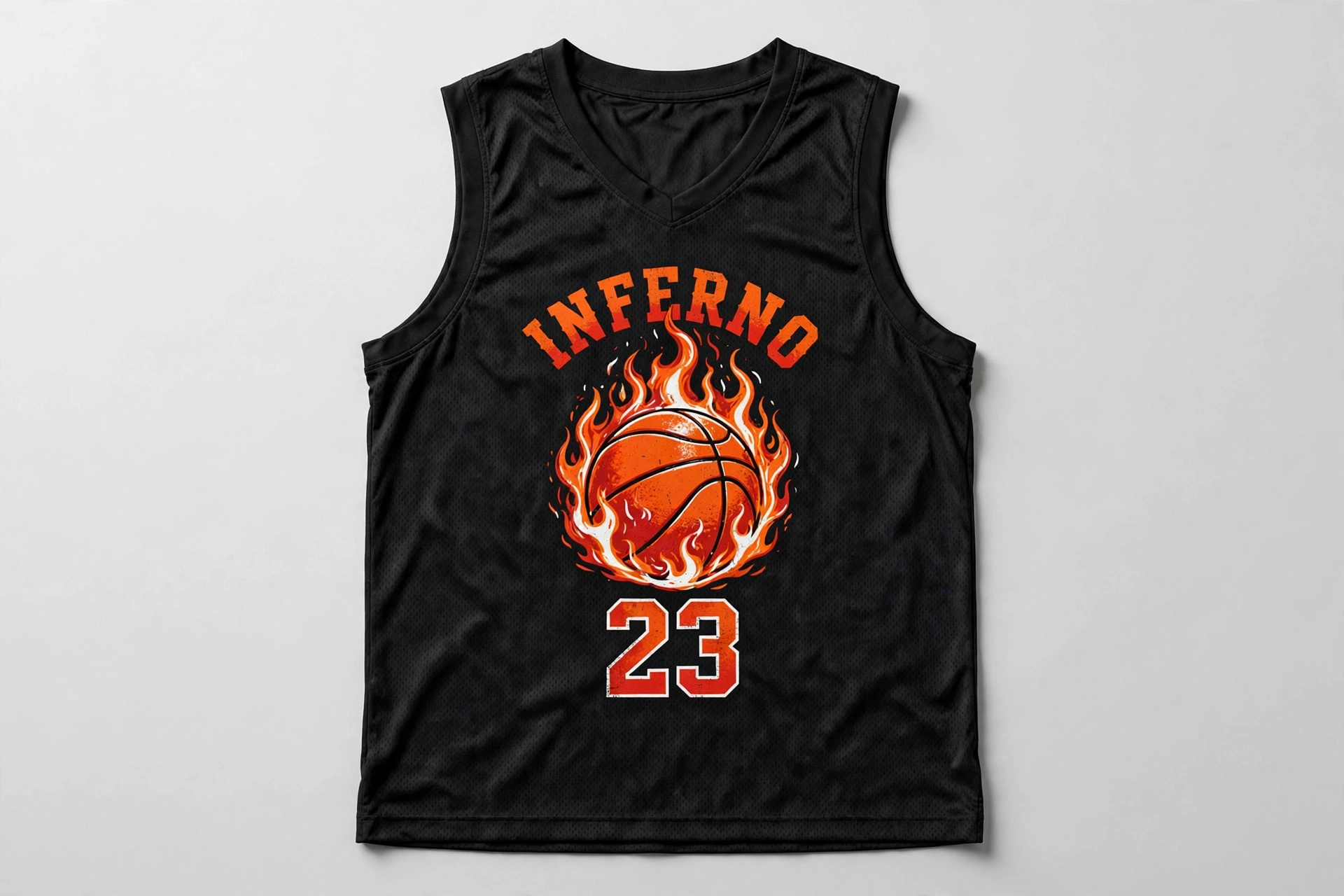 Screen-printed Inferno basketball jersey — bold flaming graphic
